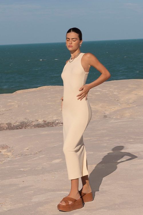 VESTIDO MIDI JUSTO CUT RIBANA ECRU